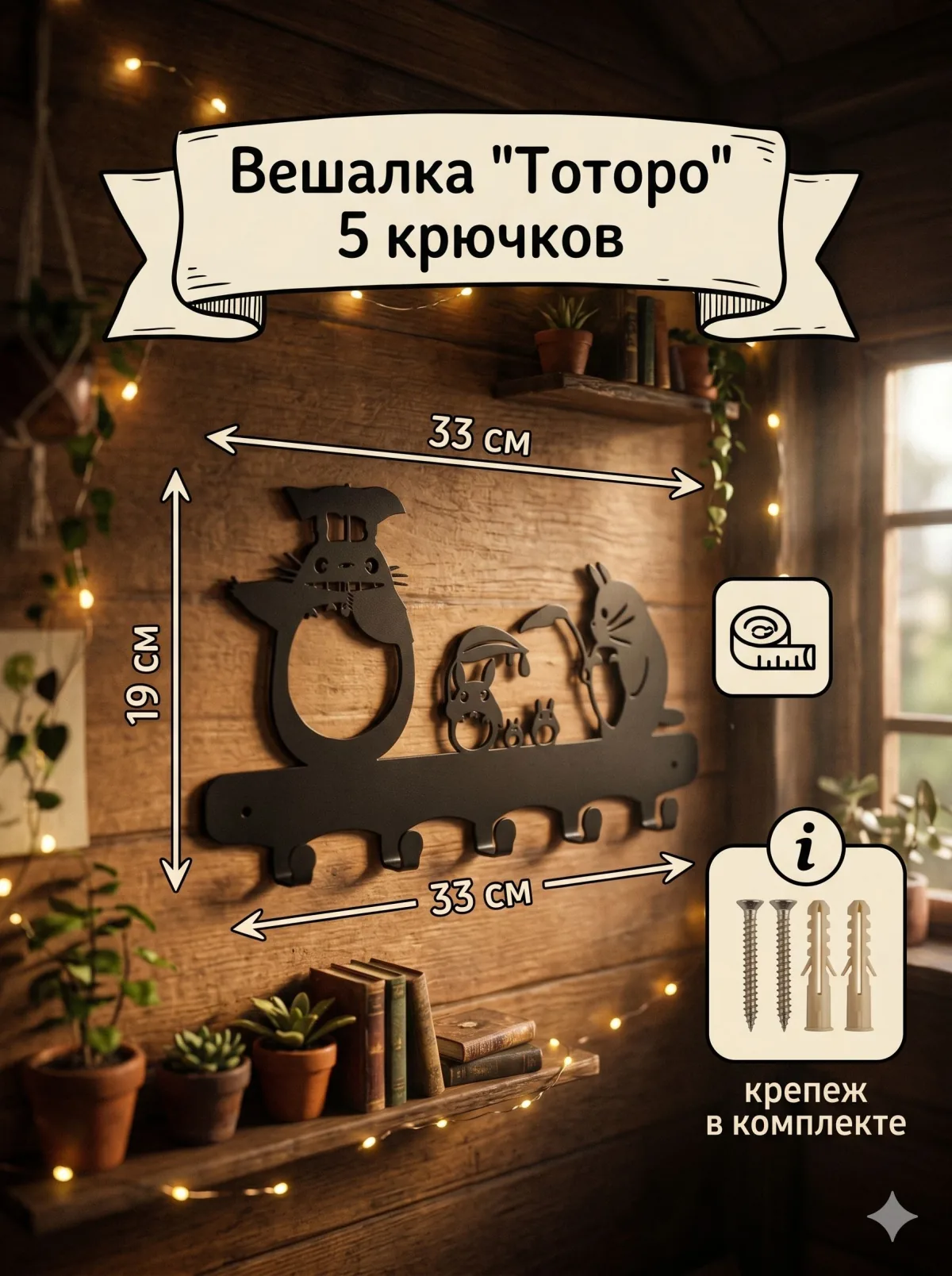 Ключница «Тоторо» — 5 крючков, чёрная — фото 3
